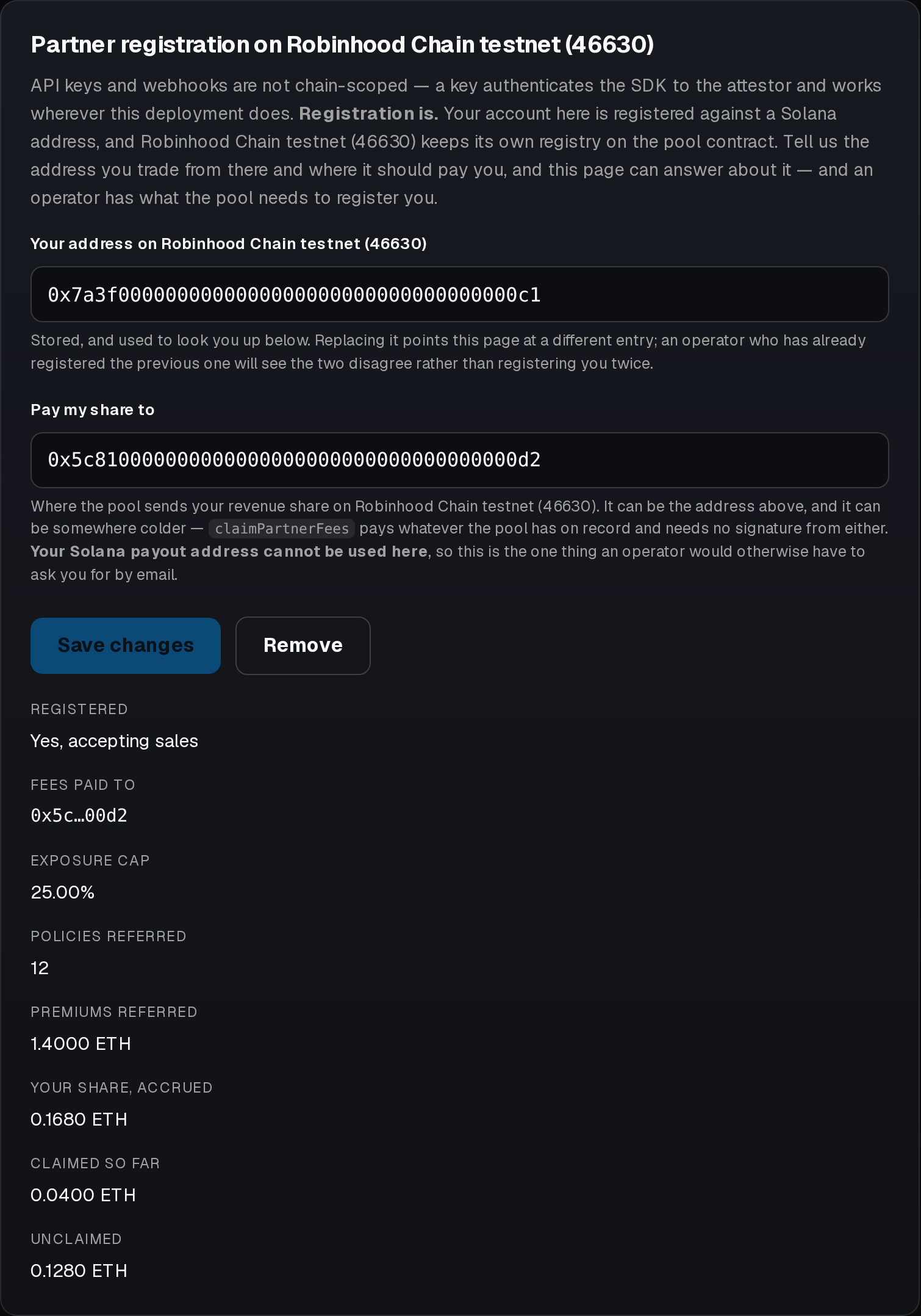 The account page on Robinhood Chain, showing a stated address and the pool registry's answer about it