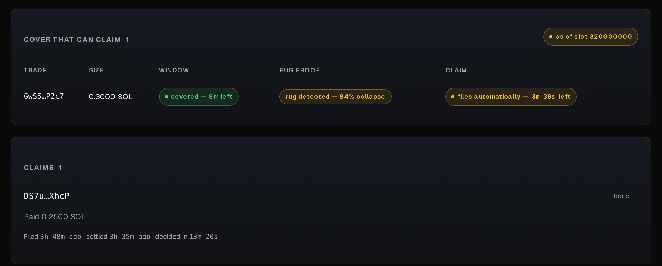 The claims page: one trade with a rug proof and a filing countdown, and one settled claim