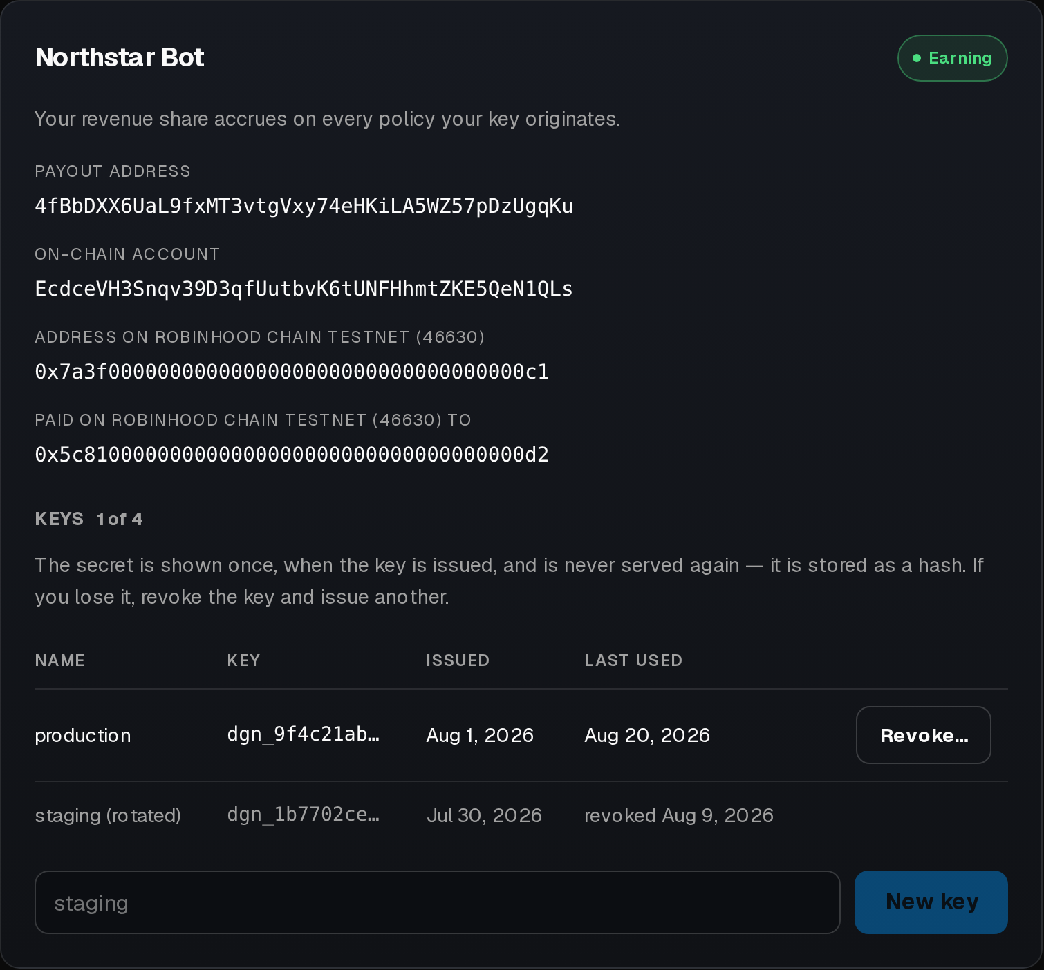 The keys card: status badge, payout address, on-chain account, and a table of live and revoked keys