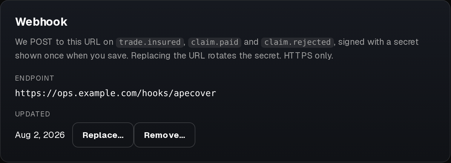 The webhook card showing a saved endpoint with Replace and Remove buttons